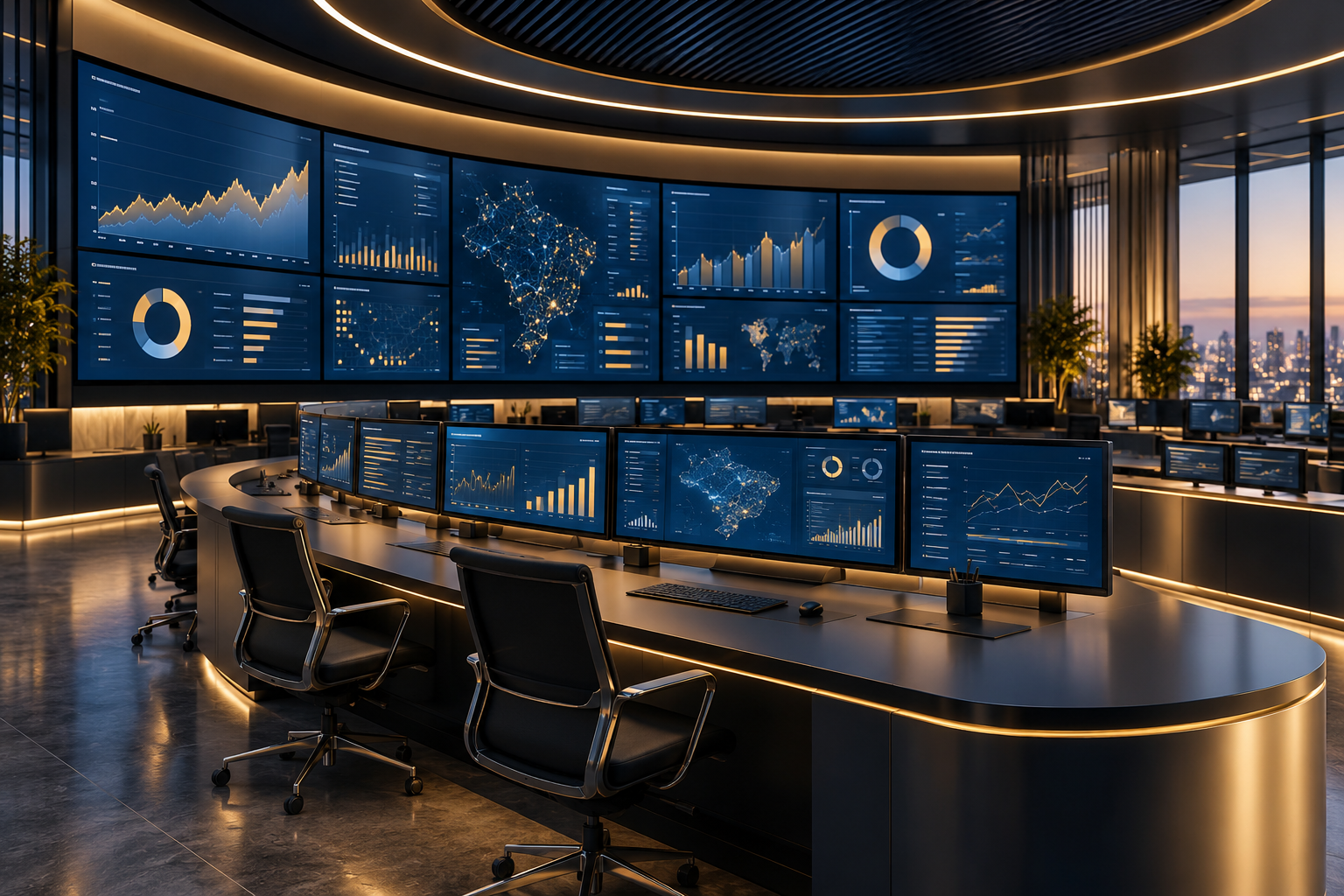 Central tecnológica fictícia de monitoramento com telas ilustrativas