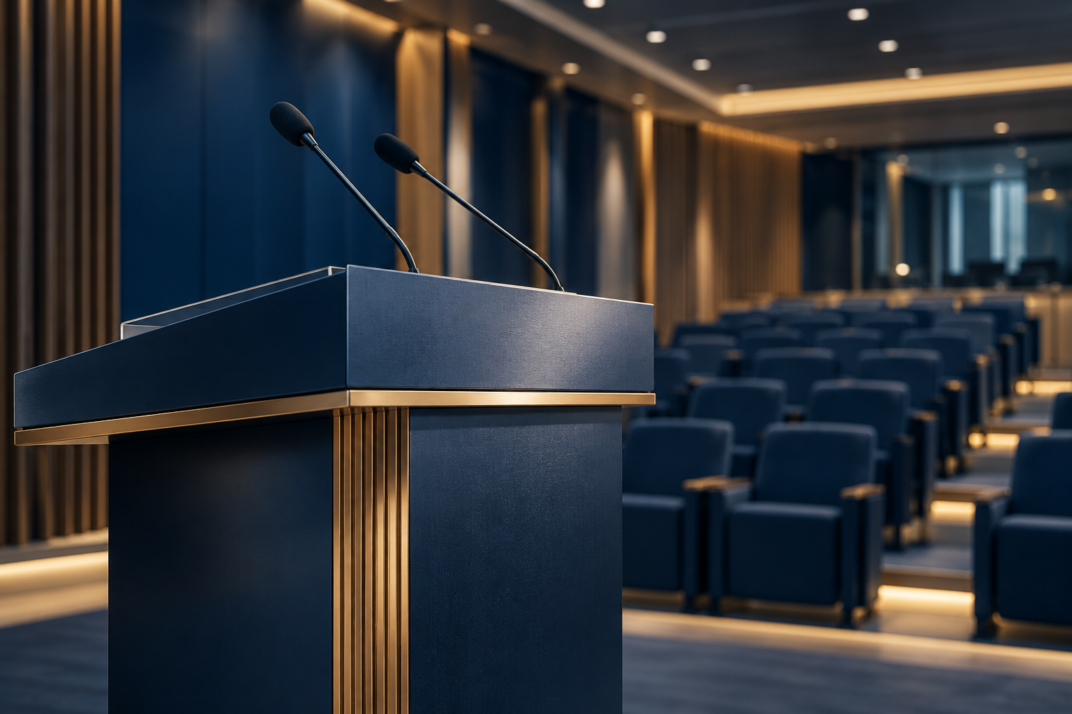 Tribuna e microfones em ambiente institucional sem pessoas